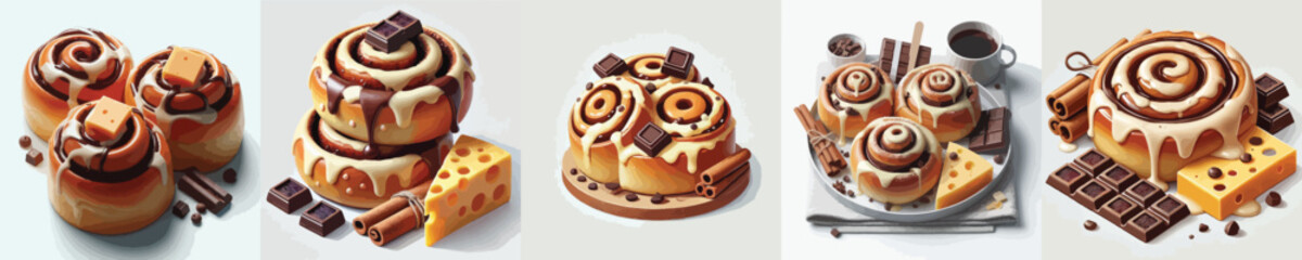 vector set of cinnamon rolls dishes