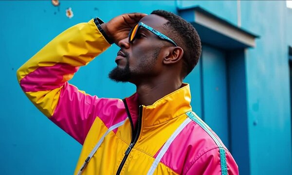 A stylish individual showcases a bold outfit paired with colorful sunglasses, posing confidently against a striking blue wall. The energy of urban fashion radiates through the scene
