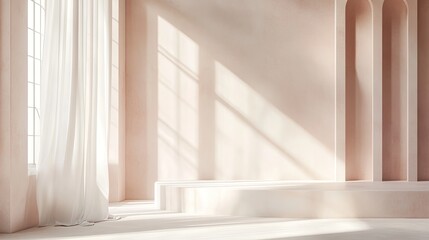 This serene studio room features sunlight pouring in, its rays creating dramatic yet soft shadows on smooth, minimalist walls.