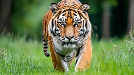 Fototapeta premium Majestic Tiger Walking Through Lush Green Grass in Natural Habitat