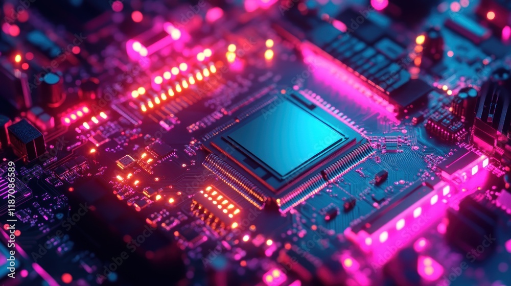 Poster Illuminated Circuit Board Shows Central Processing Unit