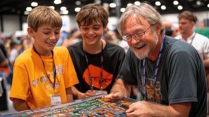 Boys and man admire intricate model at a busy convention.