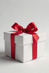 Obraz premium Red gift bow tied neatly on a white cardboard box, newyears, Christmas