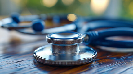 Stethoscope on a glossy wooden surface.