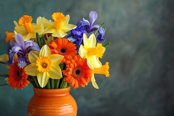 A cheerful bouquet of yellow daffodils, orange gerbera daisies, and purple irises, in a bright ceramic vase.