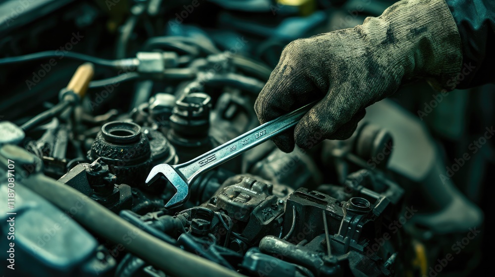 Poster gloved hand using wrench on car engine