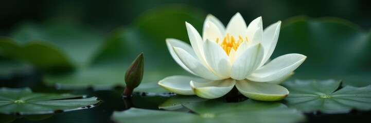 Single white lotus emerging from still water, delicate petals unfurling , lotus, water