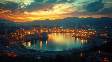Fototapeta premium Breathtaking Industrial Landscape at Dusk with Glimmering Lights Reflecting on Calm Water Surrounded by Mountains and a Vibrant Sky Filled with Colorful Clouds