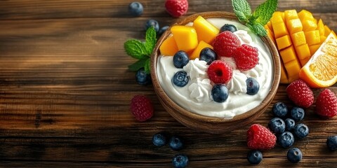 Naklejka premium Fresh fruit assortment, wooden table, colorful berries, sliced mango, yogurt bowl, blueberries, raspberries, vibrant colors, healthy breakfast, rustic background, close-up food photography, natural li