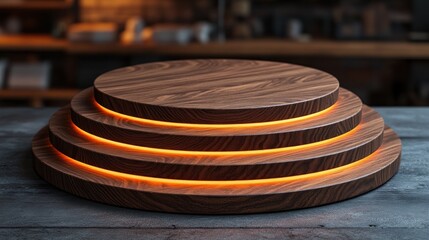 Obraz premium Glowing wooden podium on table in blurred cafe interior.