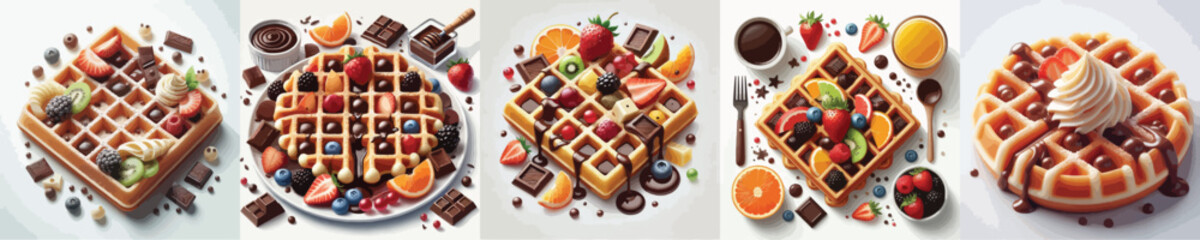 vector set of delicious belgian waffle dishes