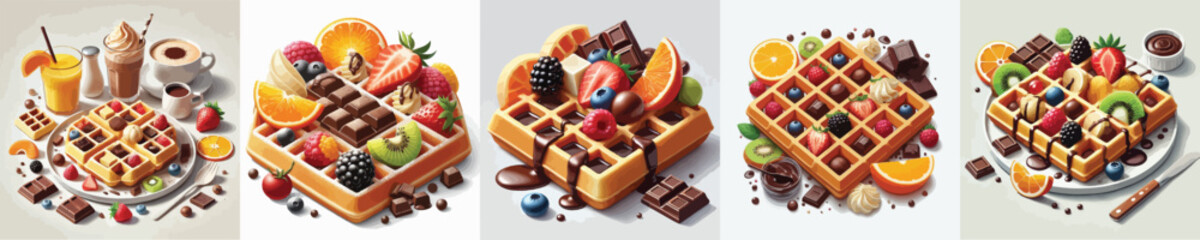vector set of delicious belgian waffle dishes