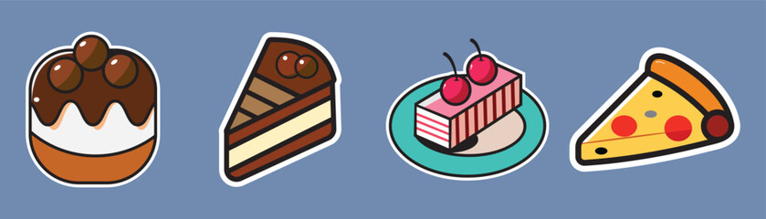 Sweet Treats Stickers, A delightful collection of dessert stickers featuring chocolate cake, cheesecake, cherry cake, and pizza. Perfect for adding a touch of sweetness to your designs. 