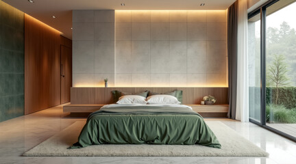 serene bedroom with olive-green duvet wooden accents