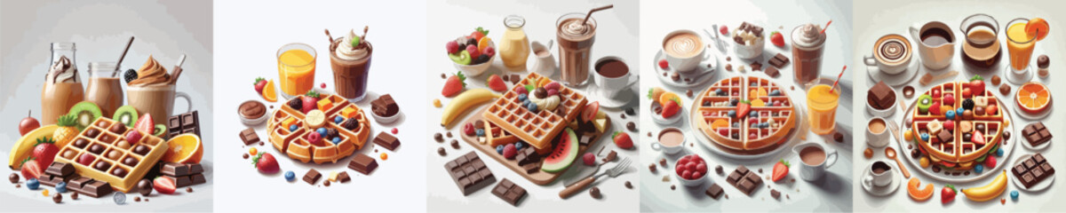 vector set of delicious belgian waffle dishes