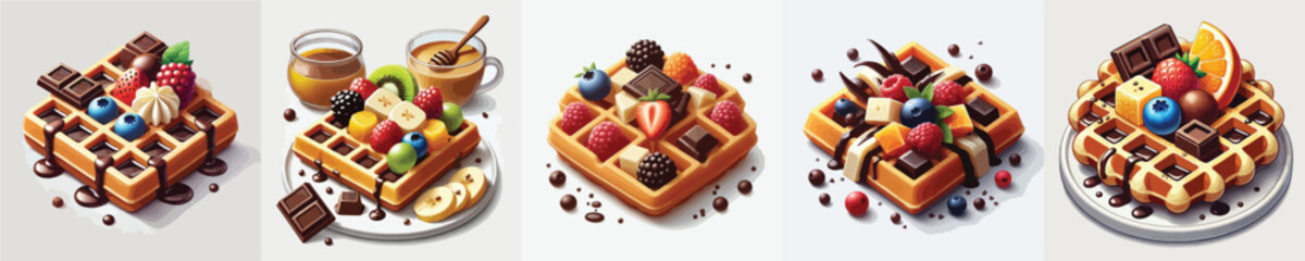 vector set of delicious belgian waffle dishes