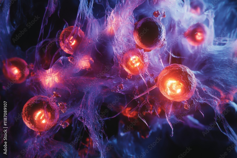 Leinwandbilder cancer cells illuminated with glowing edges showcasing cellular features under microscopic view. gen