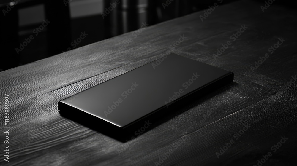 Poster black rectangular object on dark wooden surface