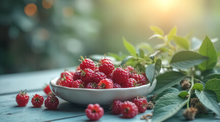 bowl ripe red raspberries fresh leaves on a wooden surface