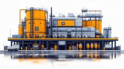 Detailed View of a Modern Industrial Facility Featuring Bright Yellow Storage Tanks, Machinery, and Complex Pipelines in a Chemical Processing Environment