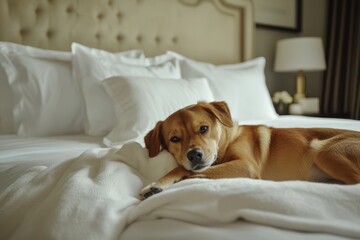Happy dog lying on a white bed with a pillow and blanket, with copy space for text; a charming brown mixed-breed puppy happily laying in a luxury bedroom Generative AI