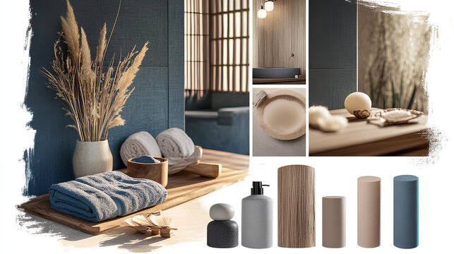 This serene spa design features soft blue tones and natural elements, creating a calming atmosphere ideal for relaxation. The arrangement emphasizes tranquility and wellness