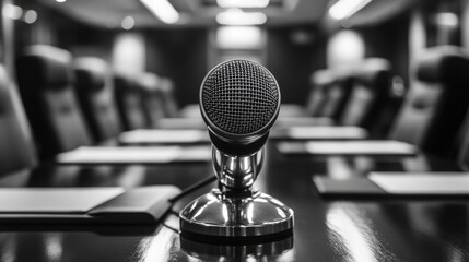 A single microphone sits on a conference table
