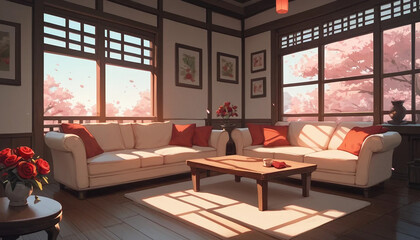 Fototapeta premium A large window sunsets on the marble floor and cherry blossoms bloom outside. The room is full of sofa and red roses on the table in the middle