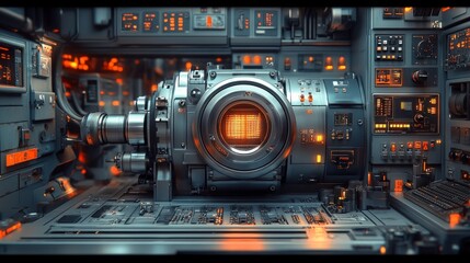 Obraz premium Futuristic Control Room Interior with Advanced Machinery, Screens, and Buttons in Science Fiction Setting Brightly Lit with Orange and Blue Accents