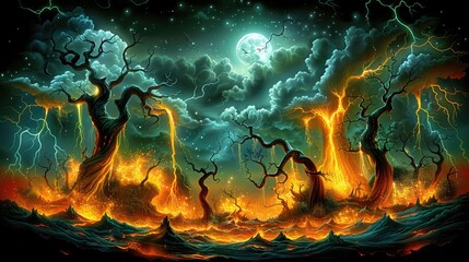 Burning trees under stormy night sky with moon.