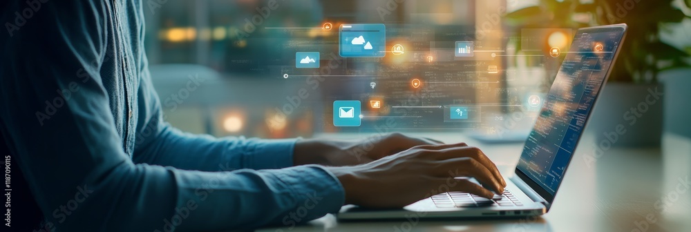 Fototapete Software developer coding on a laptop, creating an advanced app with cloud and social media features, shown by glowing icons