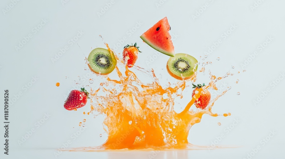 Poster fresh kiwi, strawberry, and watermelon slices splashing into a puddle of orange juice create a vibra