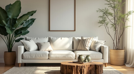 minimalist living room with beige sofa potted plants