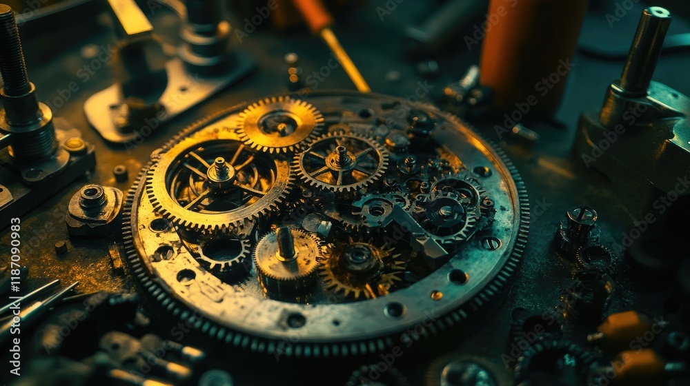 Poster intricate clockwork gears mechanism detailed close up
