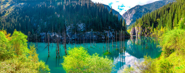 Sunken forest of Lake Kaindy in Kazakhstan. Beautiful mountain natural landscape. A blue lake with...