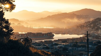 Fototapeta premium Golden Hour Sunset Over Container Ship And Cityscape