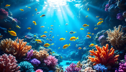 Naklejka premium Vibrant Reef: Sunlit Coral and Tropical Fish