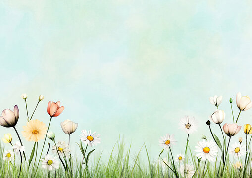 Fr&uuml;hlingshafte Aquarell-Illustration &ndash; Zarte Blumen mit Textfreiraum im Querformat