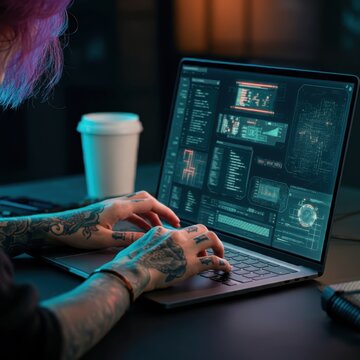 Cybersecurity expert, data streams, holographic displays, futuristic interface, glowing blue lights, digital security, hacker, computer code, dark room, intense focus, high-tech workspace, data visual