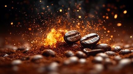 Captivating composition of whole roasted coffee beans paired with freshly ground powder to create a gourmet experience set on a vibrant and luxurious backdrop,