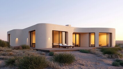 A modern, minimalist house with curved architecture, surrounded by desert landscaping, featuring large windows that illuminate the interior at sunset.