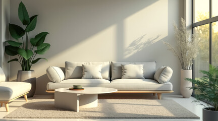 sunlit living room with grey sofa potted plants