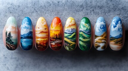 A set of artistic nails featuring landscape designs