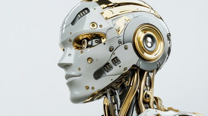 Fototapeta premium Advanced Robotic Head Gold Accents White Shell