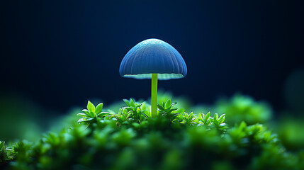 Fototapeta premium Enchanting close-up of a blue mushroom glowing in a lush green mossy forest perfect for nature-themed designs and magical storytelling