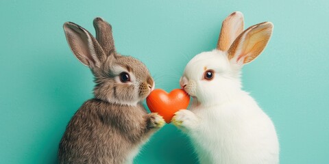 Obraz premium Valentine rabbit with romance and joy idea. Two rabbits sharing a heart-shaped carrot on a teal background.