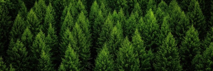 Fototapeta premium An aerial view showcasing a dense canopy of evergreen trees, exuding a vibrant shade of green, representing the depth and beauty of untouched nature.