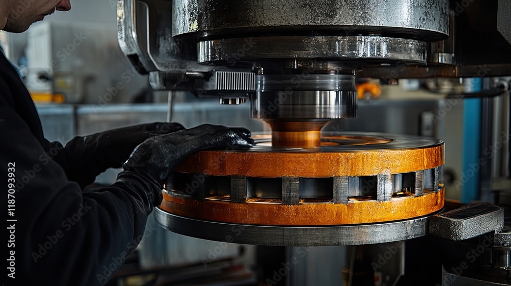 Poster industrial worker operating a large metal pressing machine