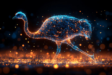 Glowing wireframe an ostrich standing in the savannah on a transparent background, highlighted by a combination of blue and black data points


