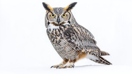 Obraz premium A majestic great horned owl with piercing yellow eyes, perched in a still and poised manner on a pure white background